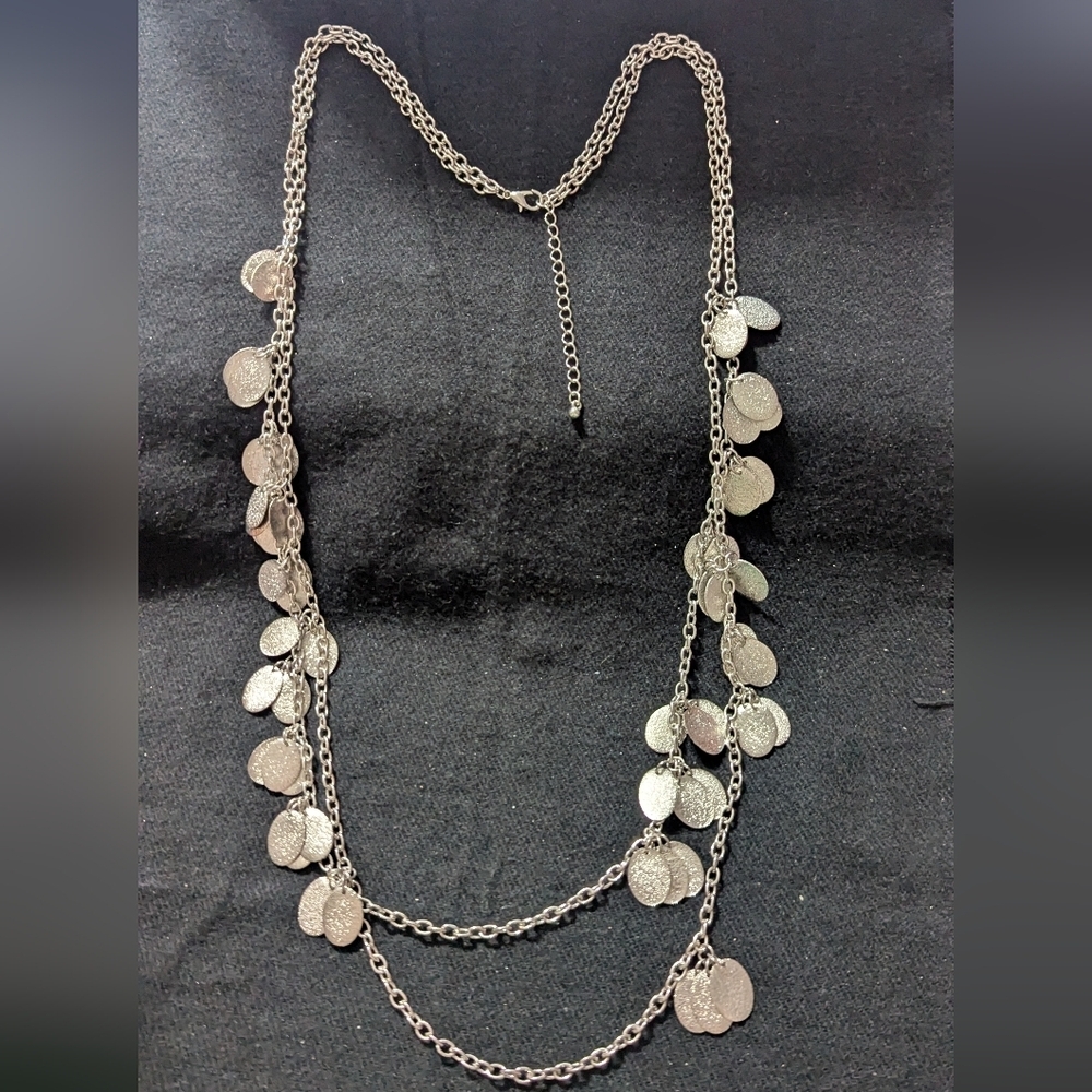 Silver Tone Layered Disc Chain Long Statement Necklace